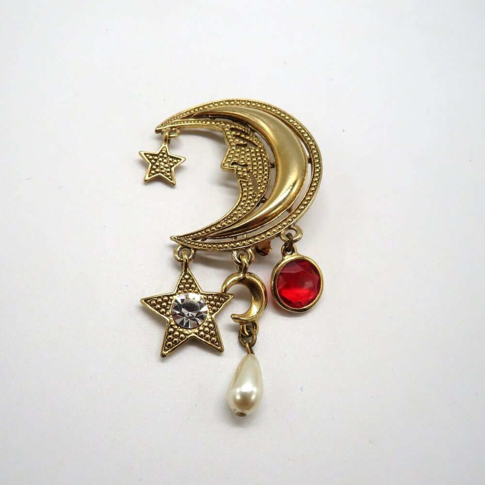 Juliana‎ Man in the Moon Brooch Item 3737 Gold Tone Red Crystal Dangle Charms - Picture 3 of 11